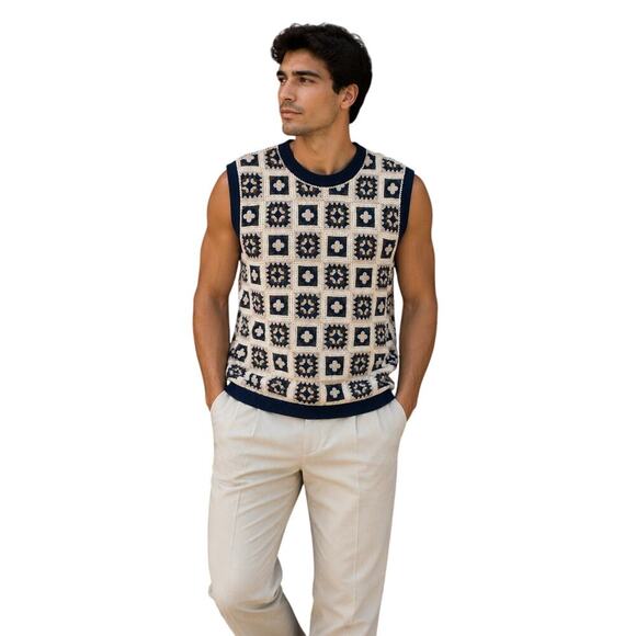 WESC Other - WESC Crochet Sweater Vest Size S Navy Cream Granny Square Knit Boho Unisex